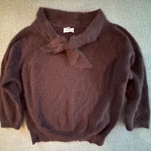 50s Luxe Long Haired Black Angora Sweater w Bow Collar | S